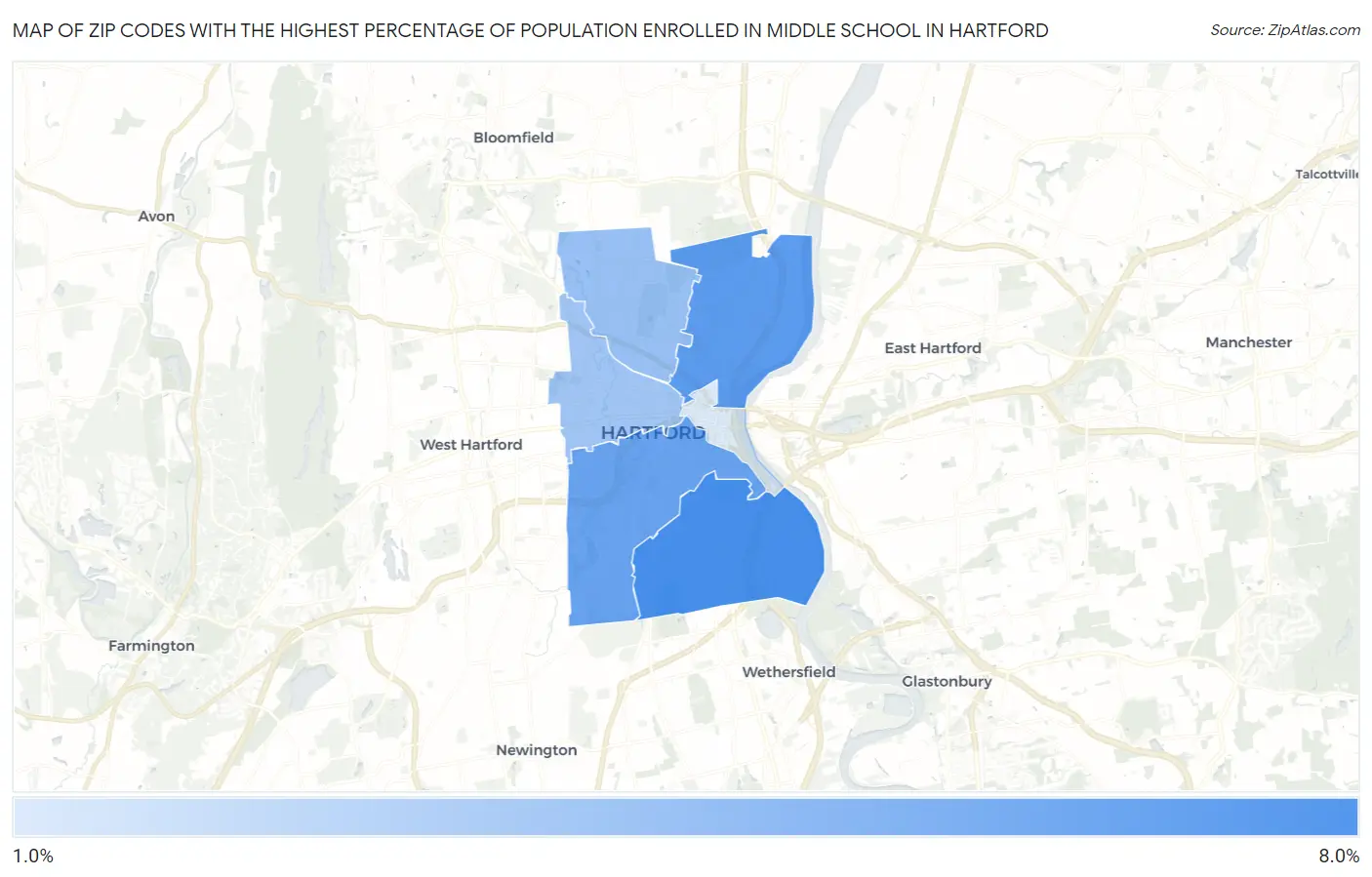 Zip Codes with the Highest Percentage of Population Enrolled in Middle School in Hartford Map