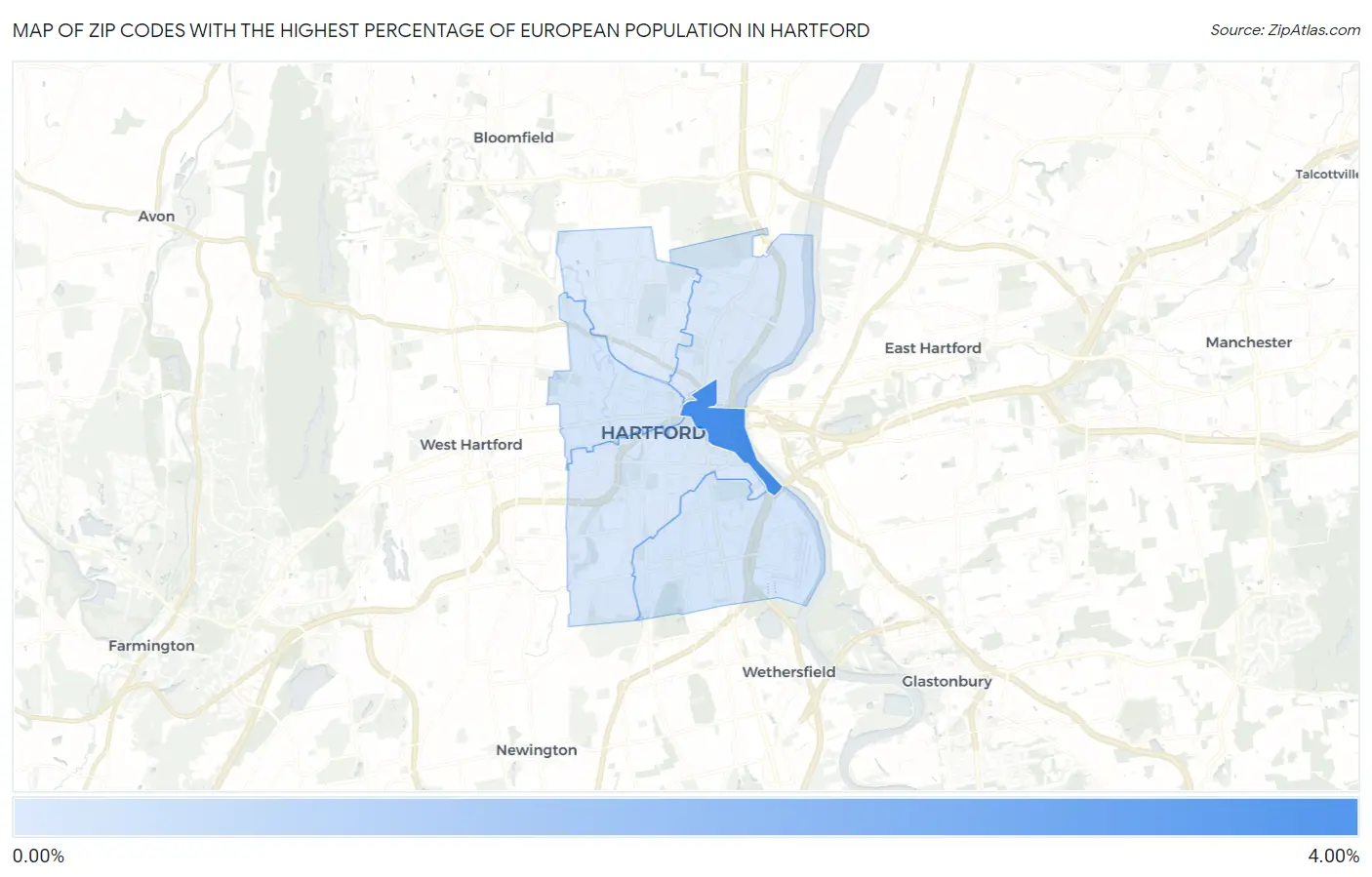 Zip Codes with the Highest Percentage of European Population in Hartford Map