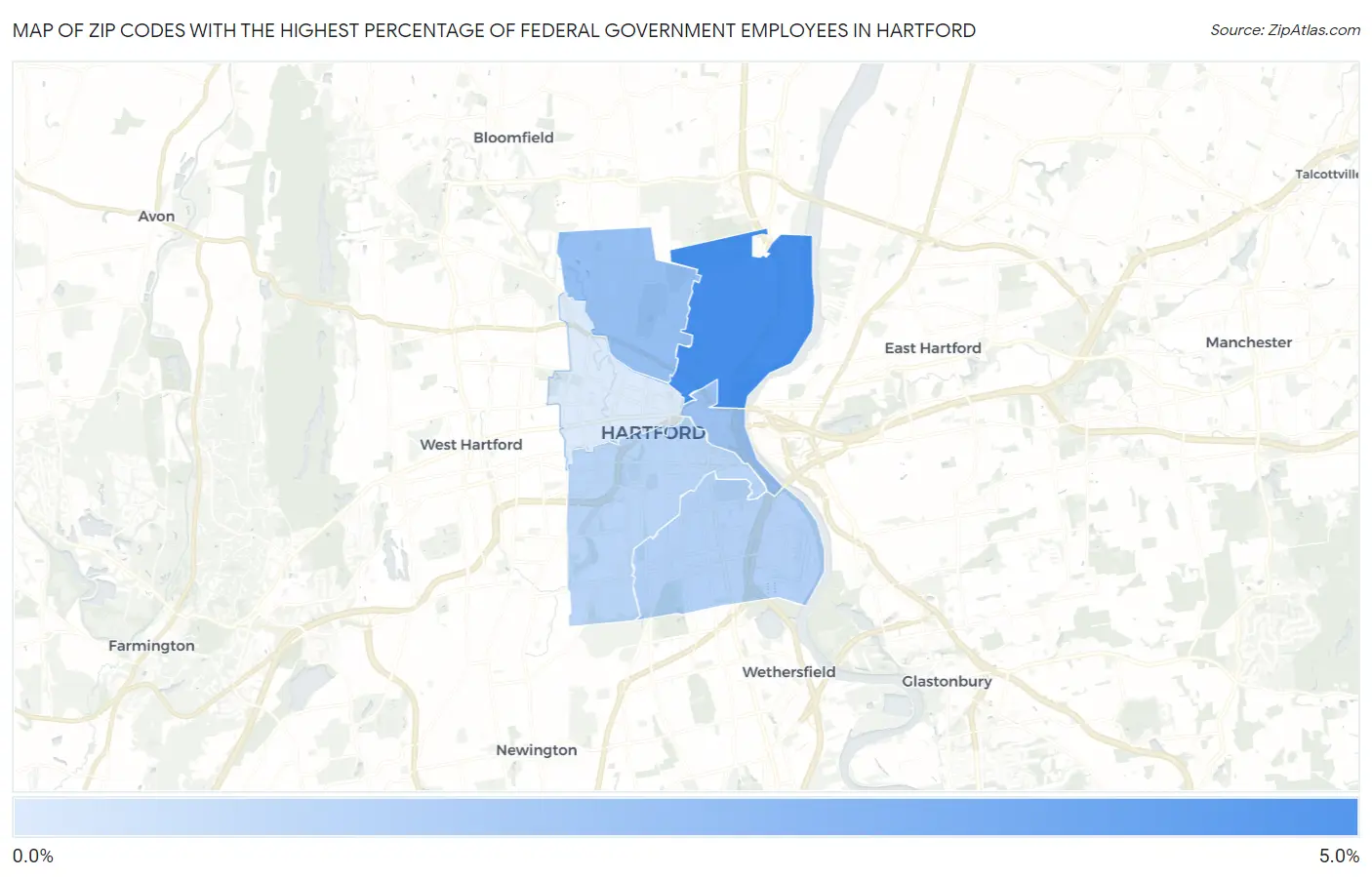 Zip Codes with the Highest Percentage of Federal Government Employees in Hartford Map
