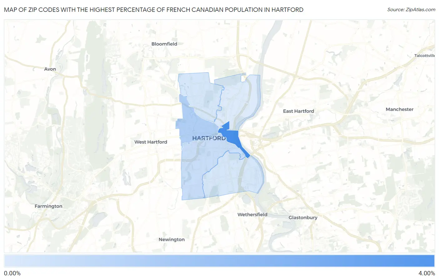 Zip Codes with the Highest Percentage of French Canadian Population in Hartford Map