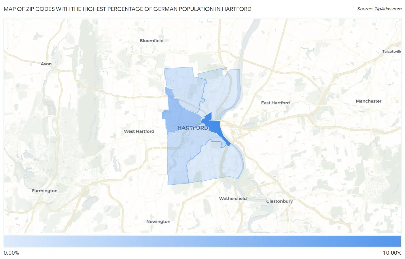 Zip Codes with the Highest Percentage of German Population in Hartford Map