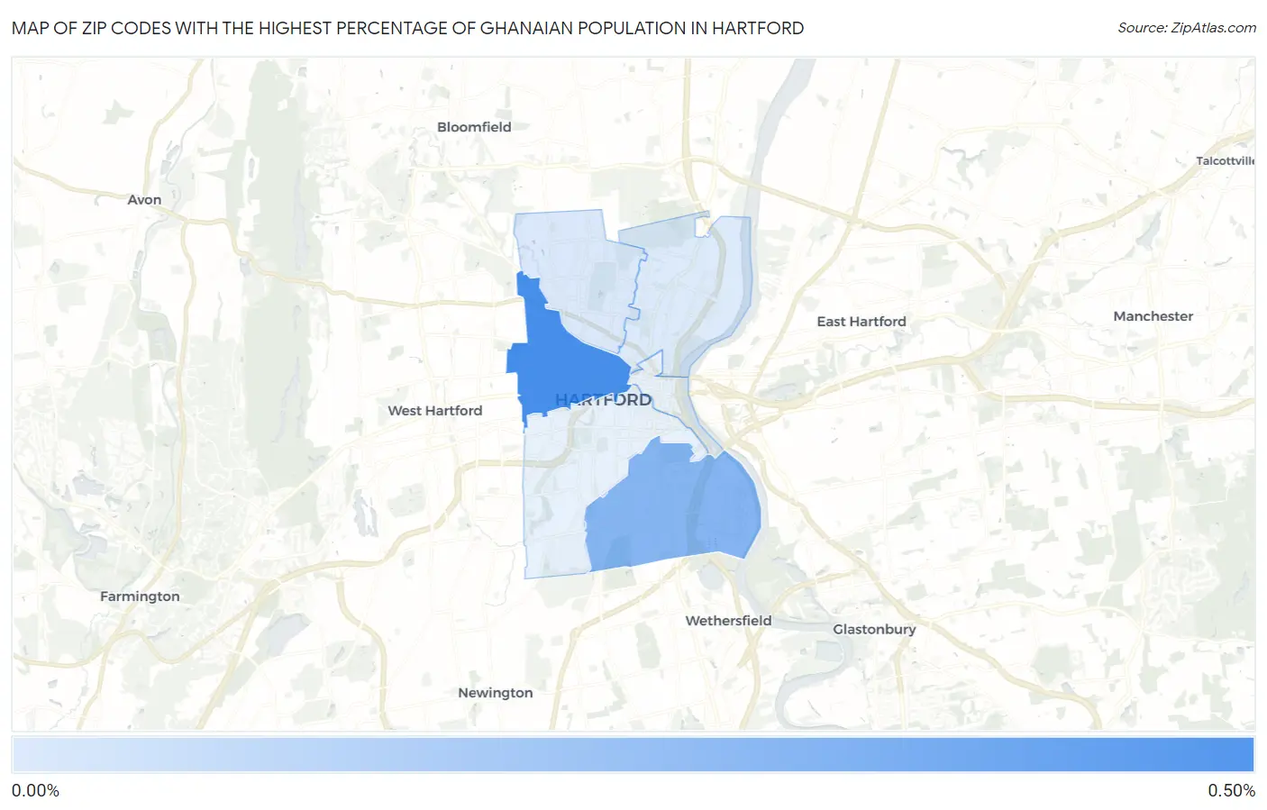 Zip Codes with the Highest Percentage of Ghanaian Population in Hartford Map