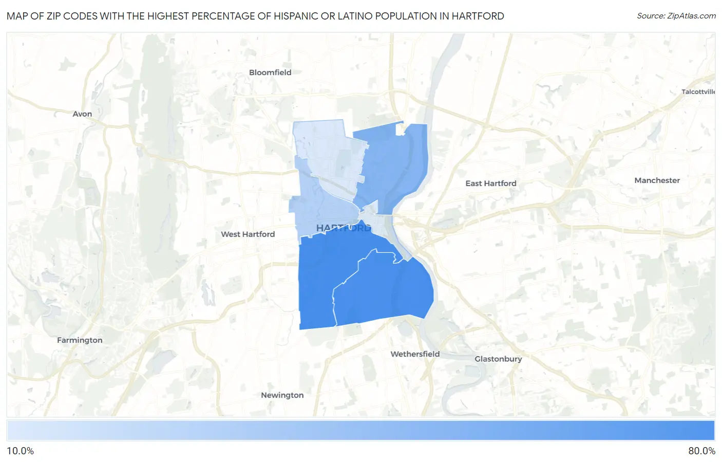 Zip Codes with the Highest Percentage of Hispanic or Latino Population in Hartford Map