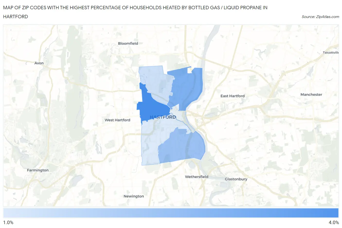 Zip Codes with the Highest Percentage of Households Heated by Bottled Gas / Liquid Propane in Hartford Map