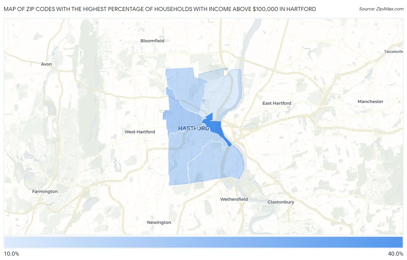 Zip Codes with the Highest Percentage of Households with Income Above $100,000 in Hartford Map