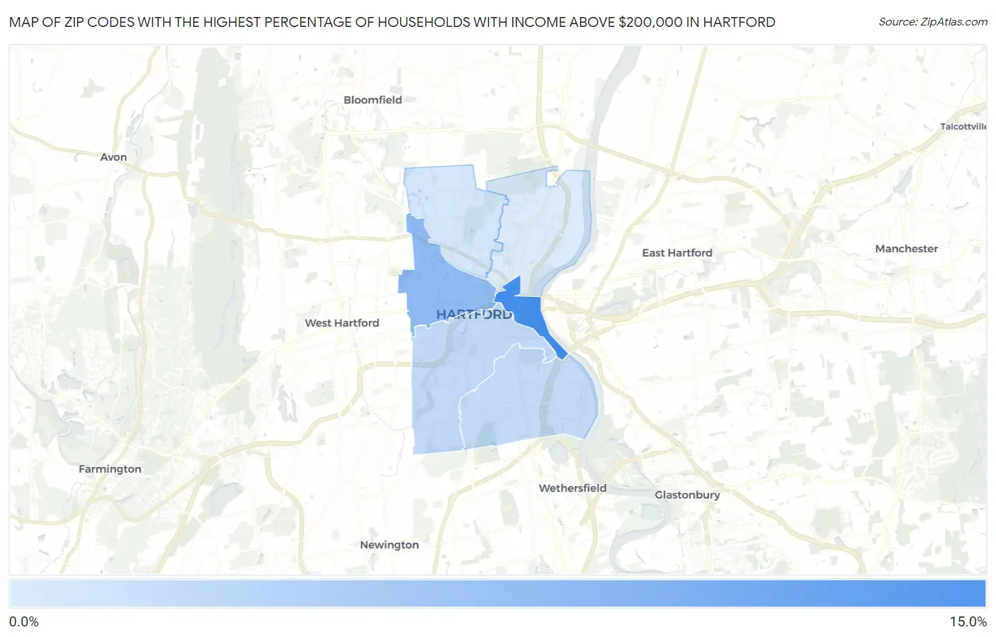 Zip Codes with the Highest Percentage of Households with Income Above $200,000 in Hartford Map