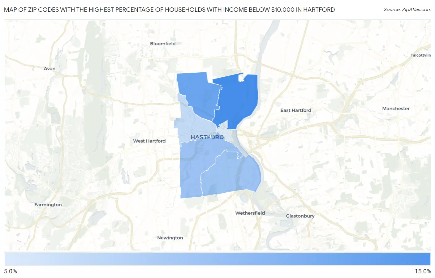 Zip Codes with the Highest Percentage of Households with Income Below $10,000 in Hartford Map
