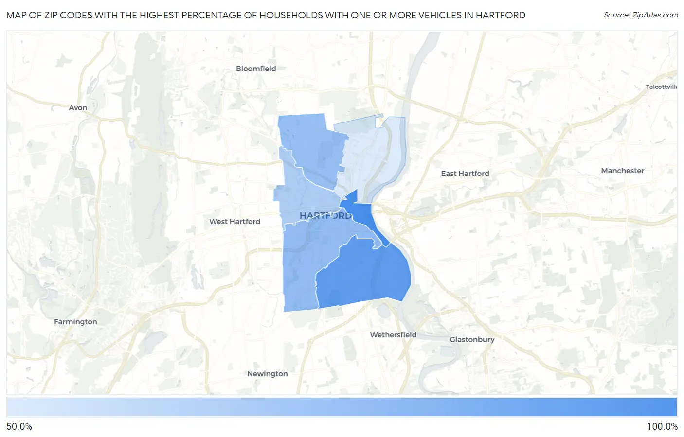 Zip Codes with the Highest Percentage of Households With One or more Vehicles in Hartford Map