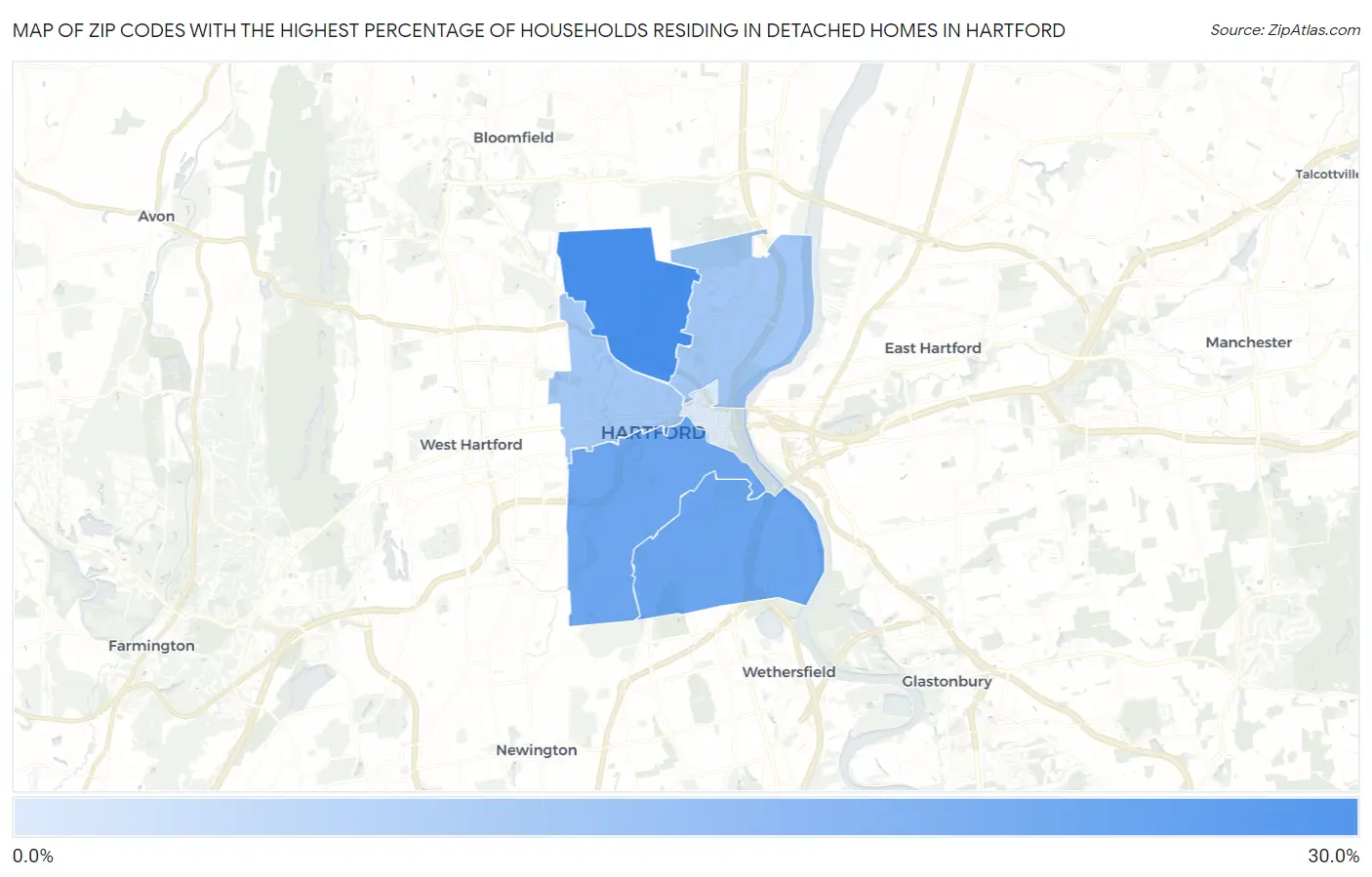 Zip Codes with the Highest Percentage of Households Residing in Detached Homes in Hartford Map