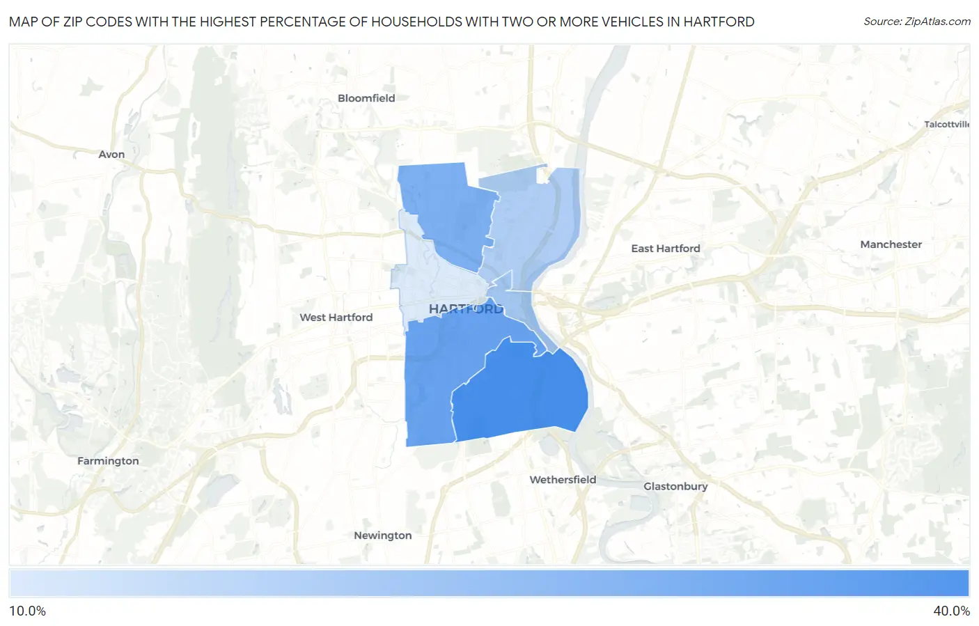 Zip Codes with the Highest Percentage of Households With Two or more Vehicles in Hartford Map