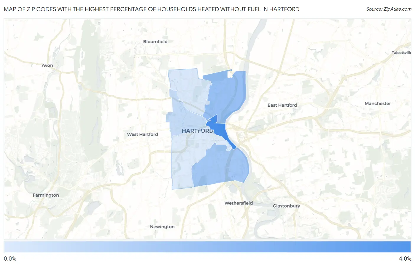 Zip Codes with the Highest Percentage of Households Heated without Fuel in Hartford Map