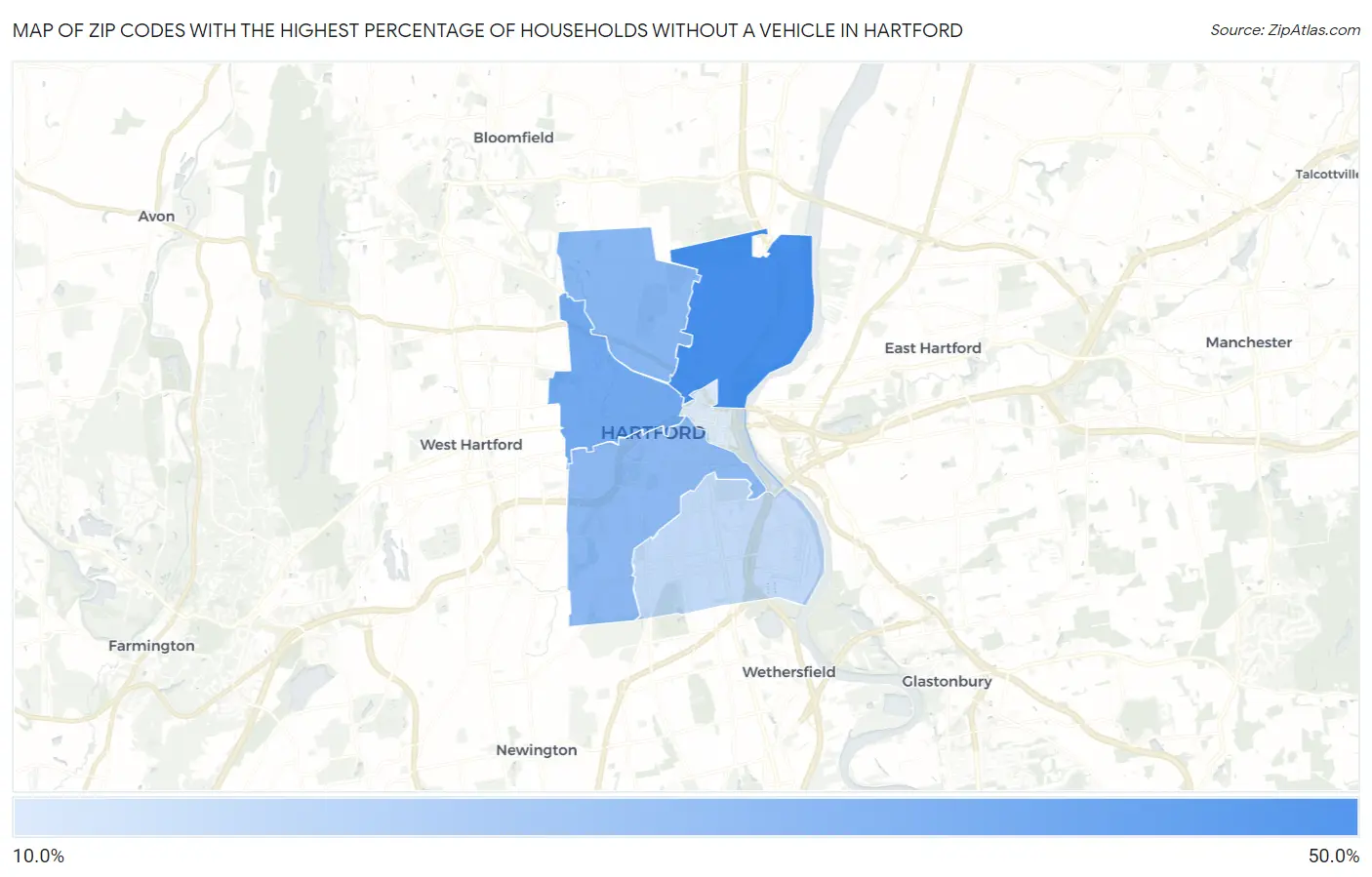 Zip Codes with the Highest Percentage of Households Without a Vehicle in Hartford Map