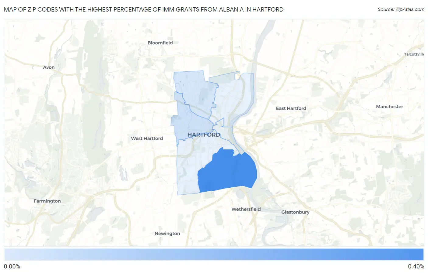 Zip Codes with the Highest Percentage of Immigrants from Albania in Hartford Map