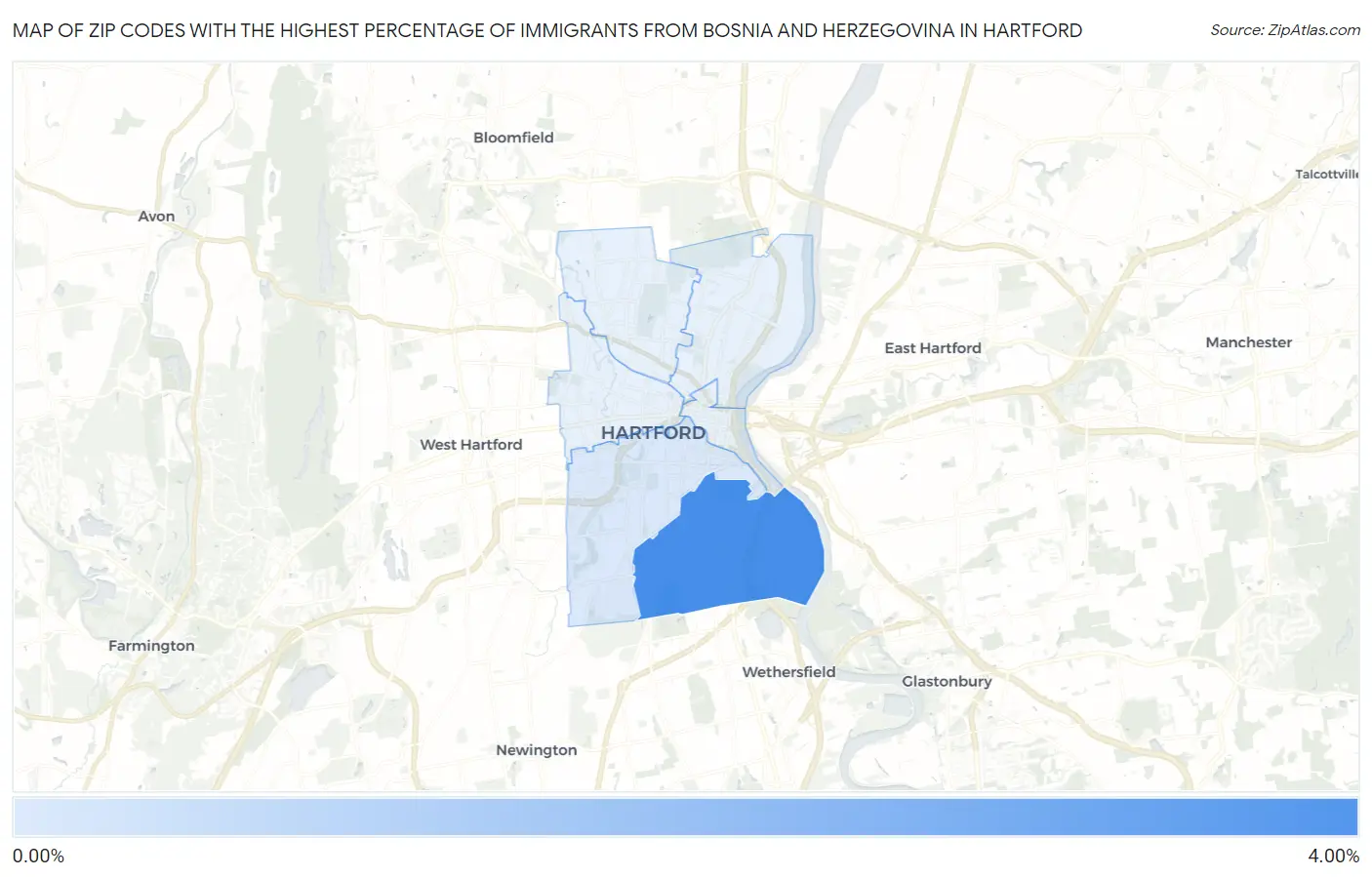Zip Codes with the Highest Percentage of Immigrants from Bosnia and Herzegovina in Hartford Map