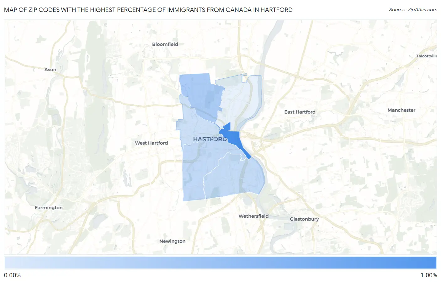 Zip Codes with the Highest Percentage of Immigrants from Canada in Hartford Map