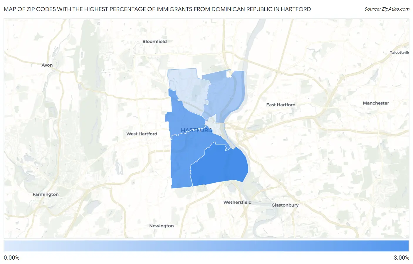 Zip Codes with the Highest Percentage of Immigrants from Dominican Republic in Hartford Map