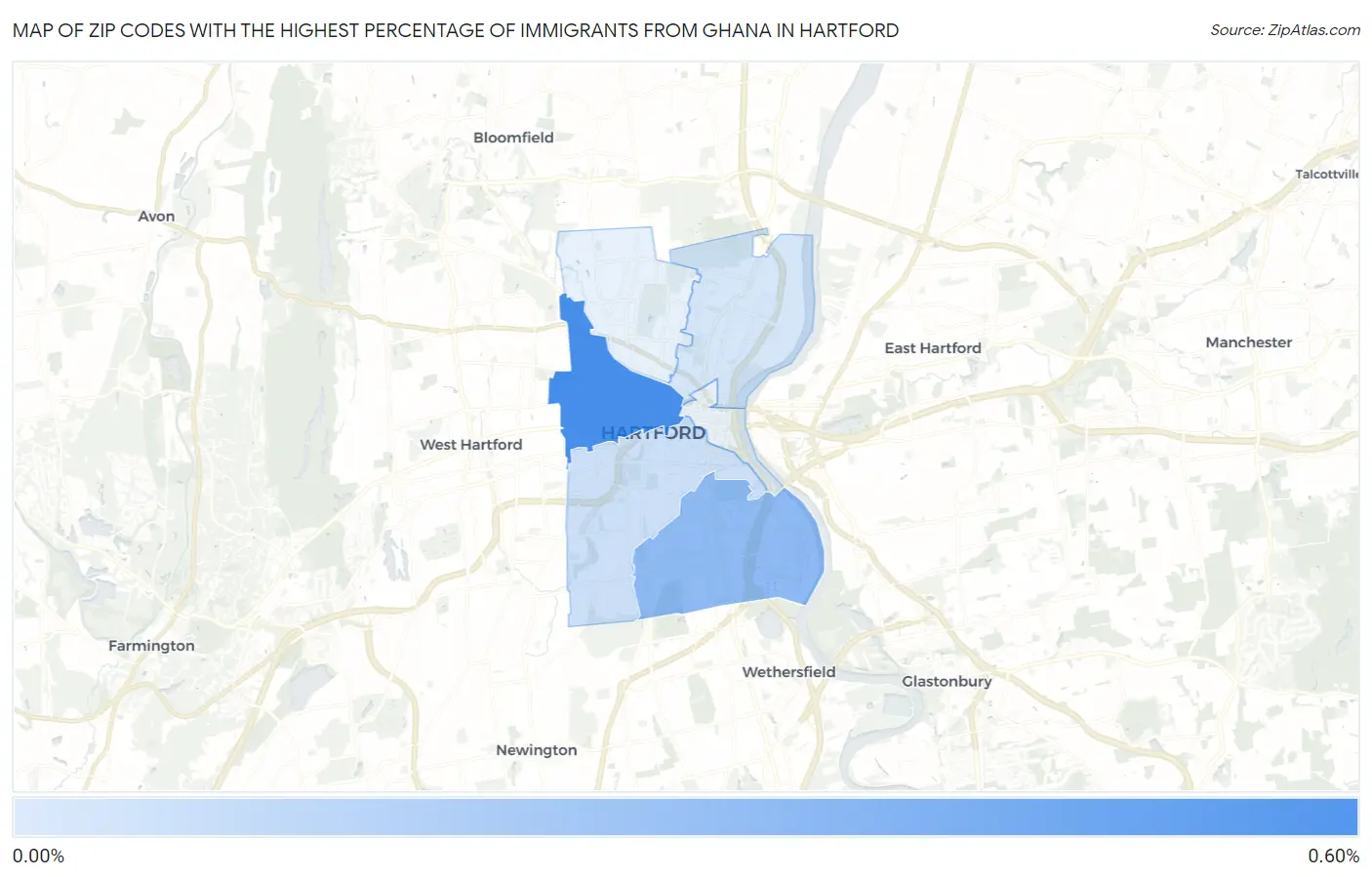 Zip Codes with the Highest Percentage of Immigrants from Ghana in Hartford Map