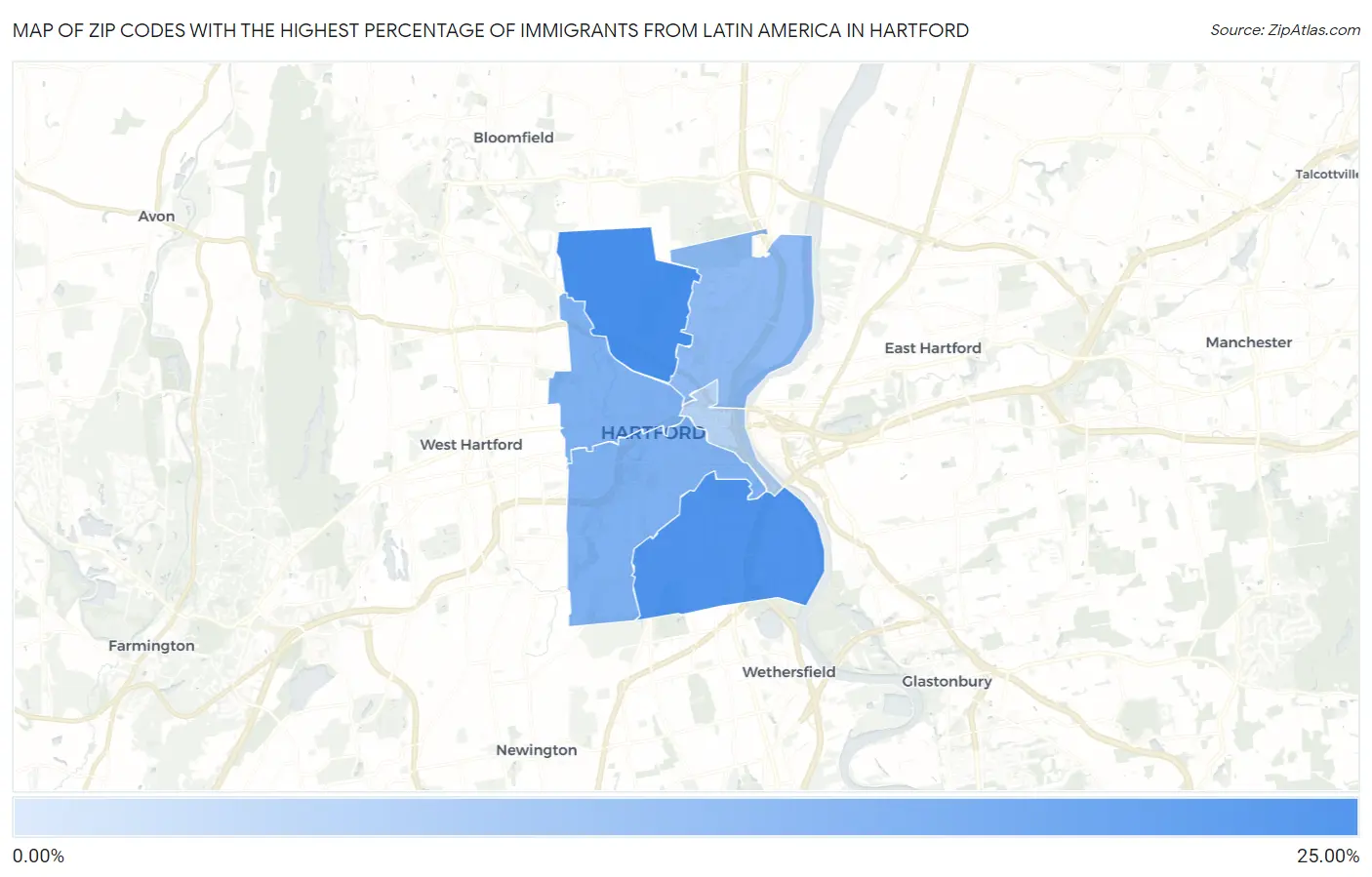Zip Codes with the Highest Percentage of Immigrants from Latin America in Hartford Map