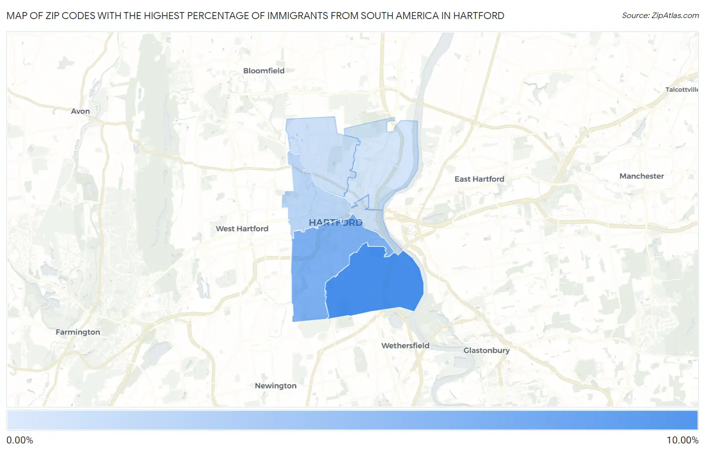 Zip Codes with the Highest Percentage of Immigrants from South America in Hartford Map