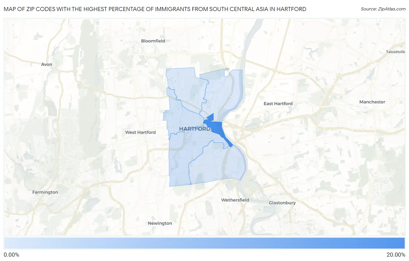 Zip Codes with the Highest Percentage of Immigrants from South Central Asia in Hartford Map