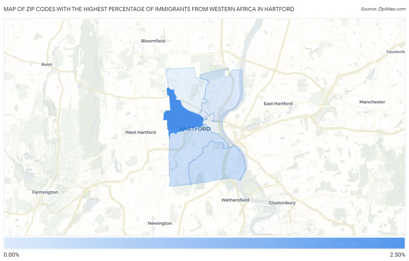 Zip Codes with the Highest Percentage of Immigrants from Western Africa in Hartford Map