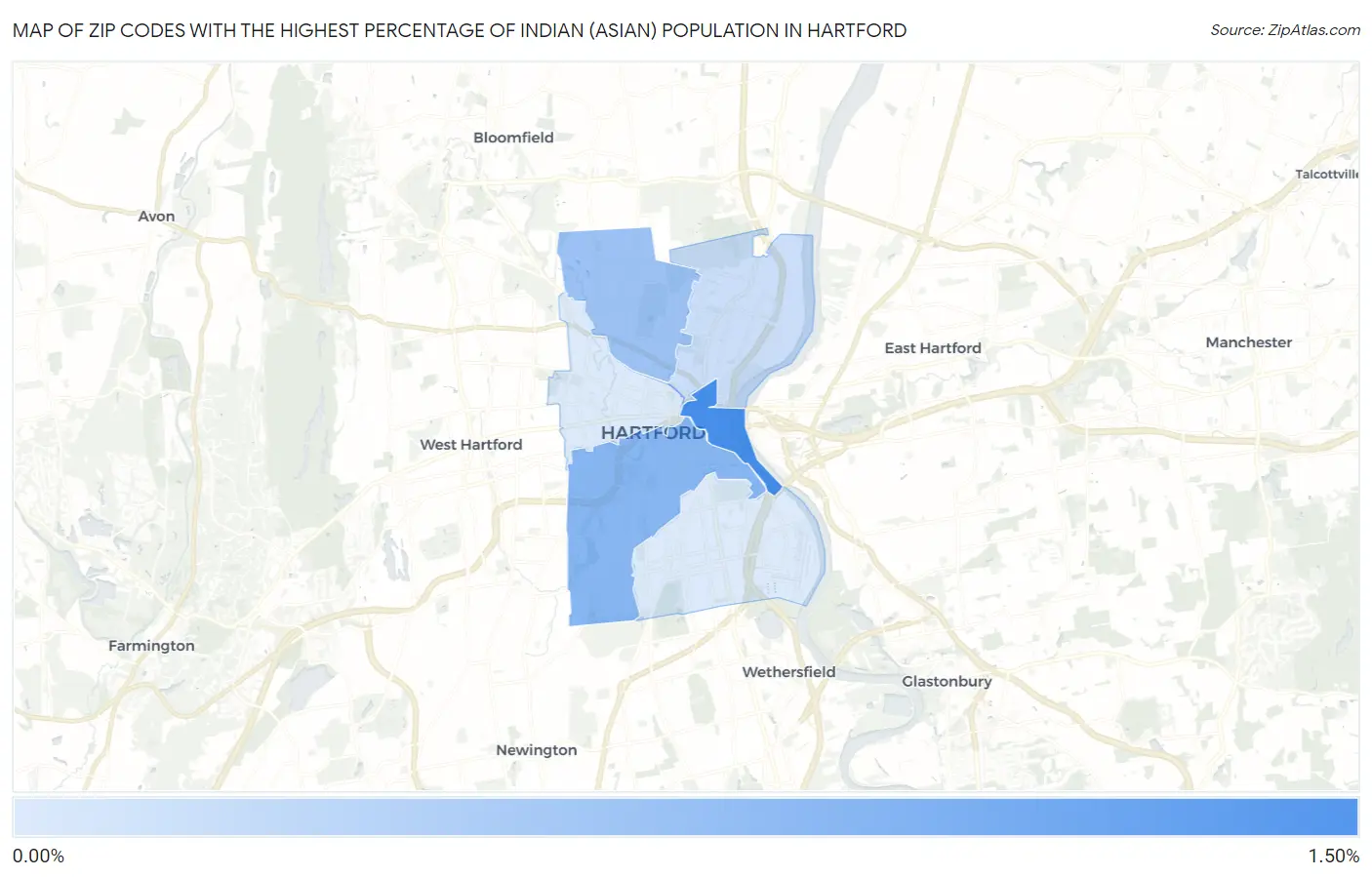 Zip Codes with the Highest Percentage of Indian (Asian) Population in Hartford Map