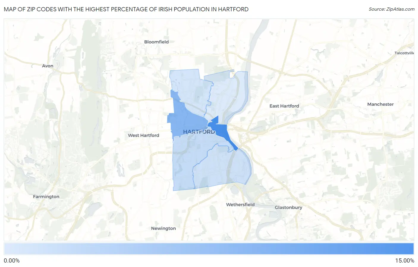 Zip Codes with the Highest Percentage of Irish Population in Hartford Map