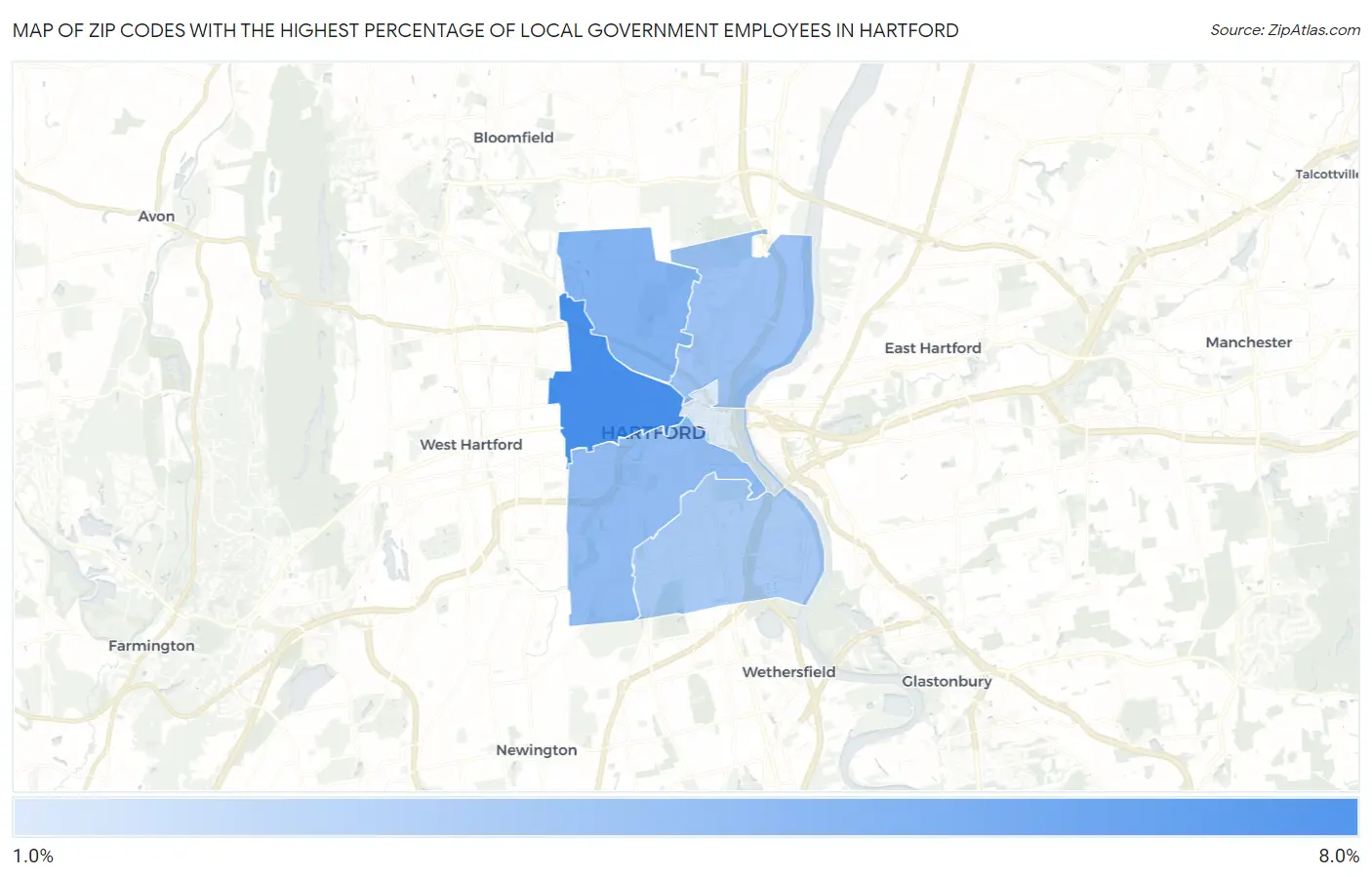 Zip Codes with the Highest Percentage of Local Government Employees in Hartford Map