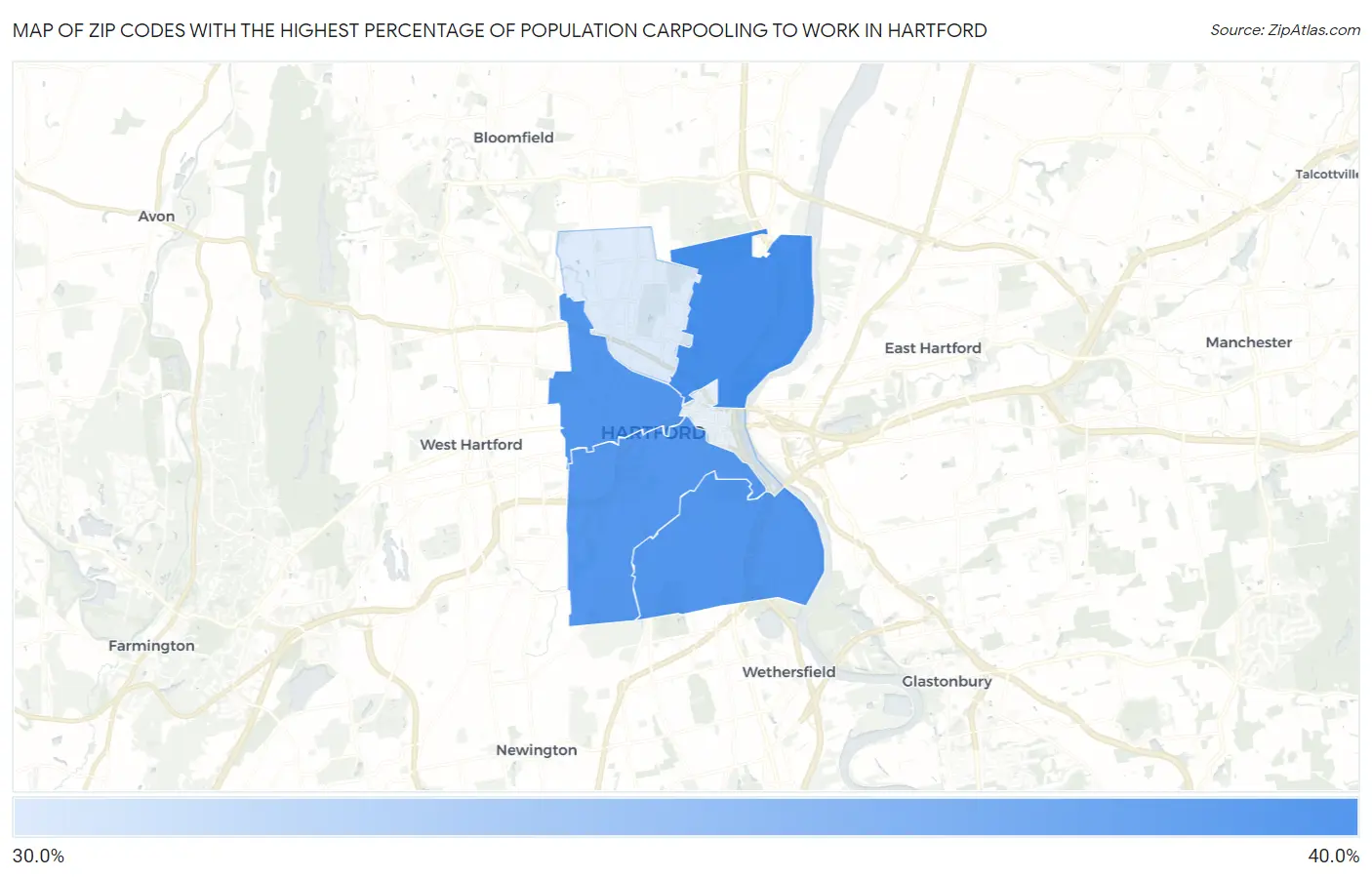 Zip Codes with the Highest Percentage of Population Carpooling to Work in Hartford Map