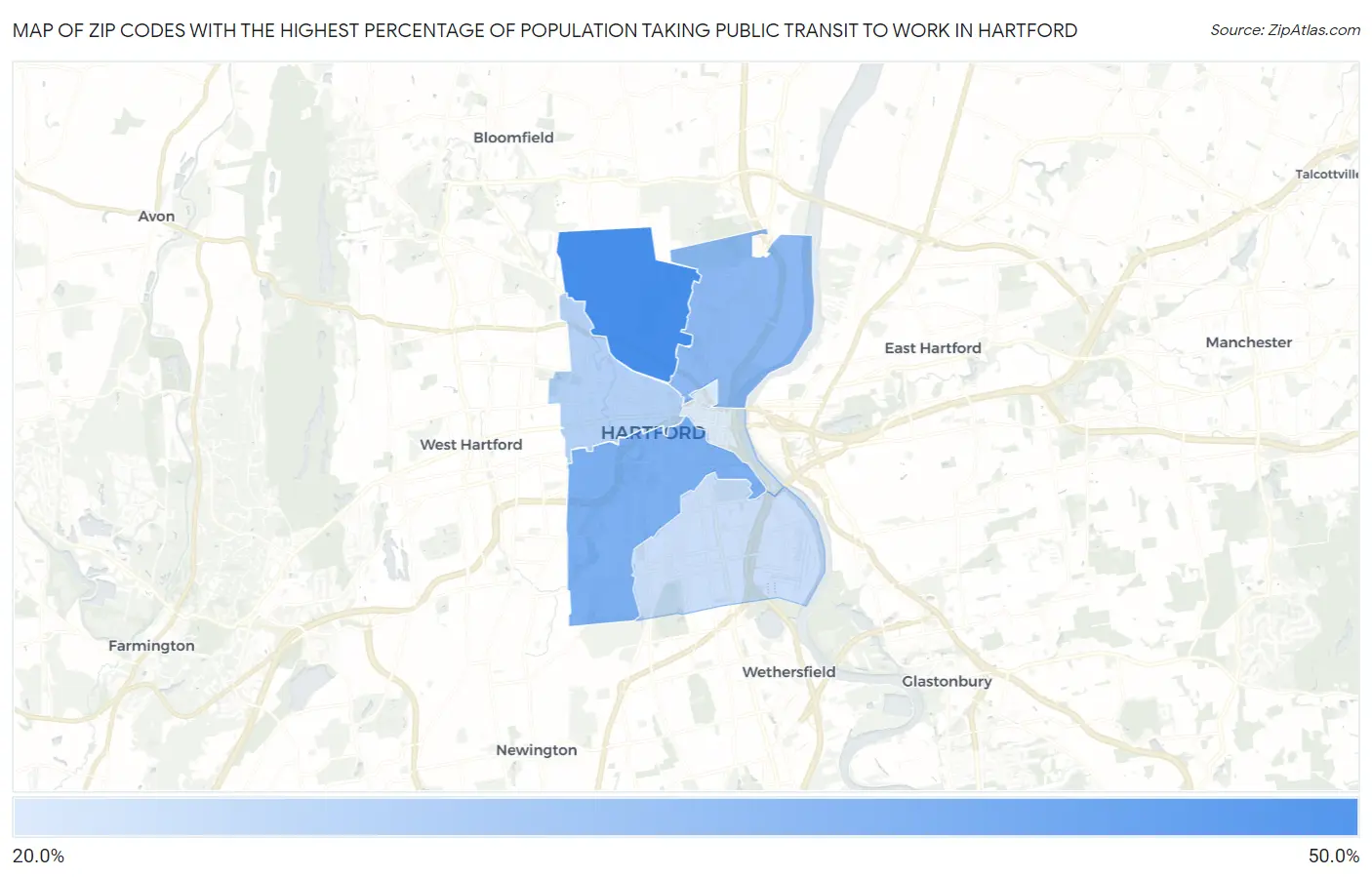 Zip Codes with the Highest Percentage of Population Taking Public Transit to Work in Hartford Map