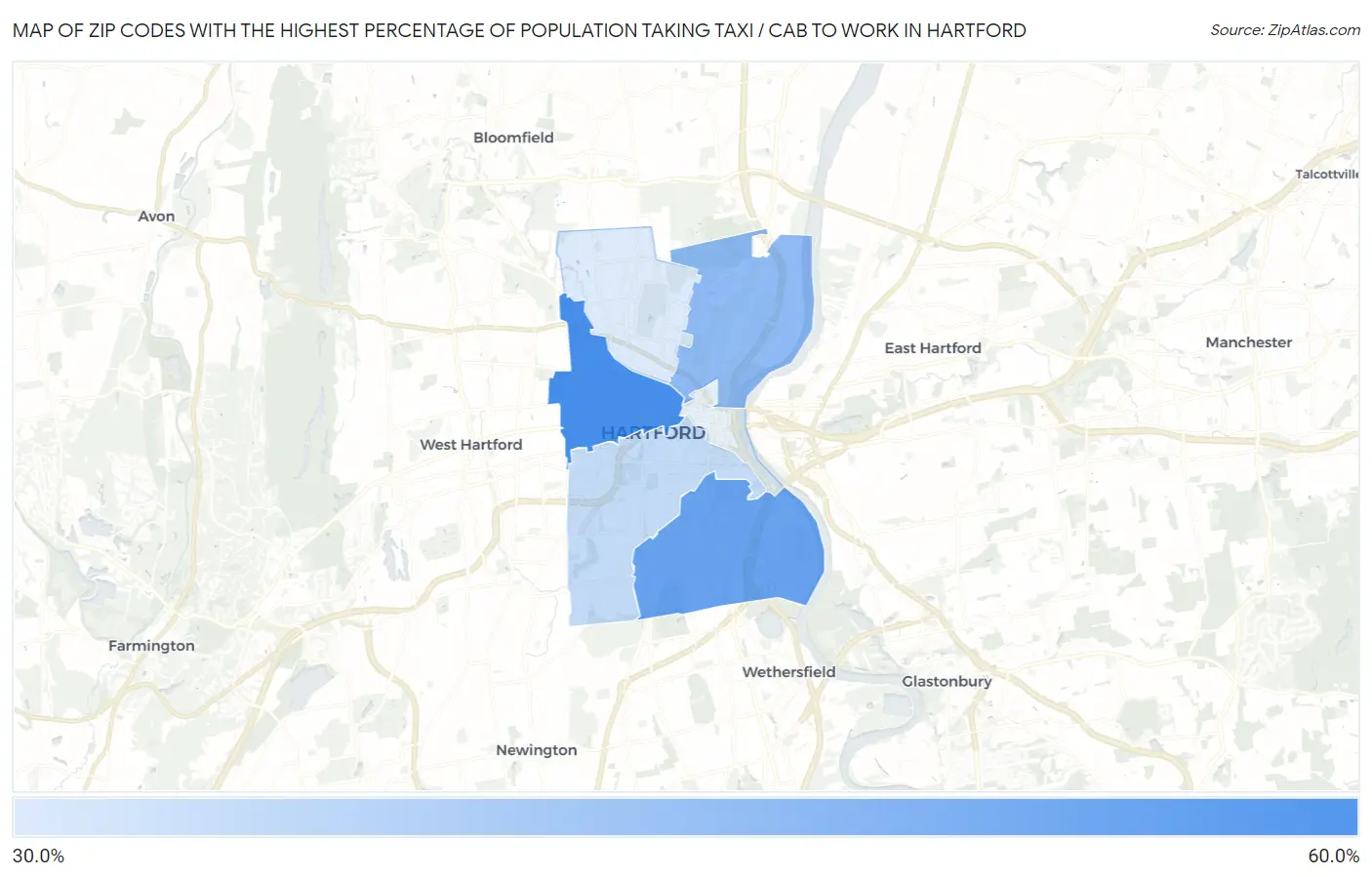 Zip Codes with the Highest Percentage of Population Taking Taxi / Cab to Work in Hartford Map