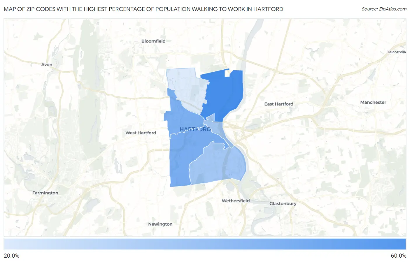 Zip Codes with the Highest Percentage of Population Walking to Work in Hartford Map