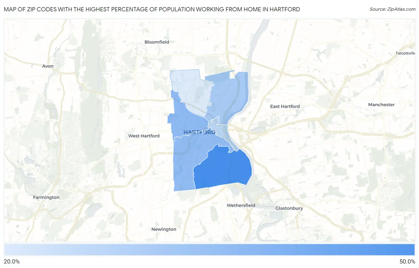 Zip Codes with the Highest Percentage of Population Working from Home in Hartford Map