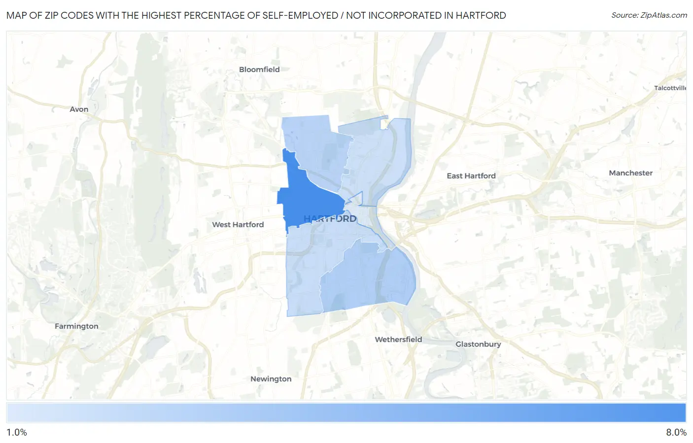 Zip Codes with the Highest Percentage of Self-Employed / Not Incorporated in Hartford Map