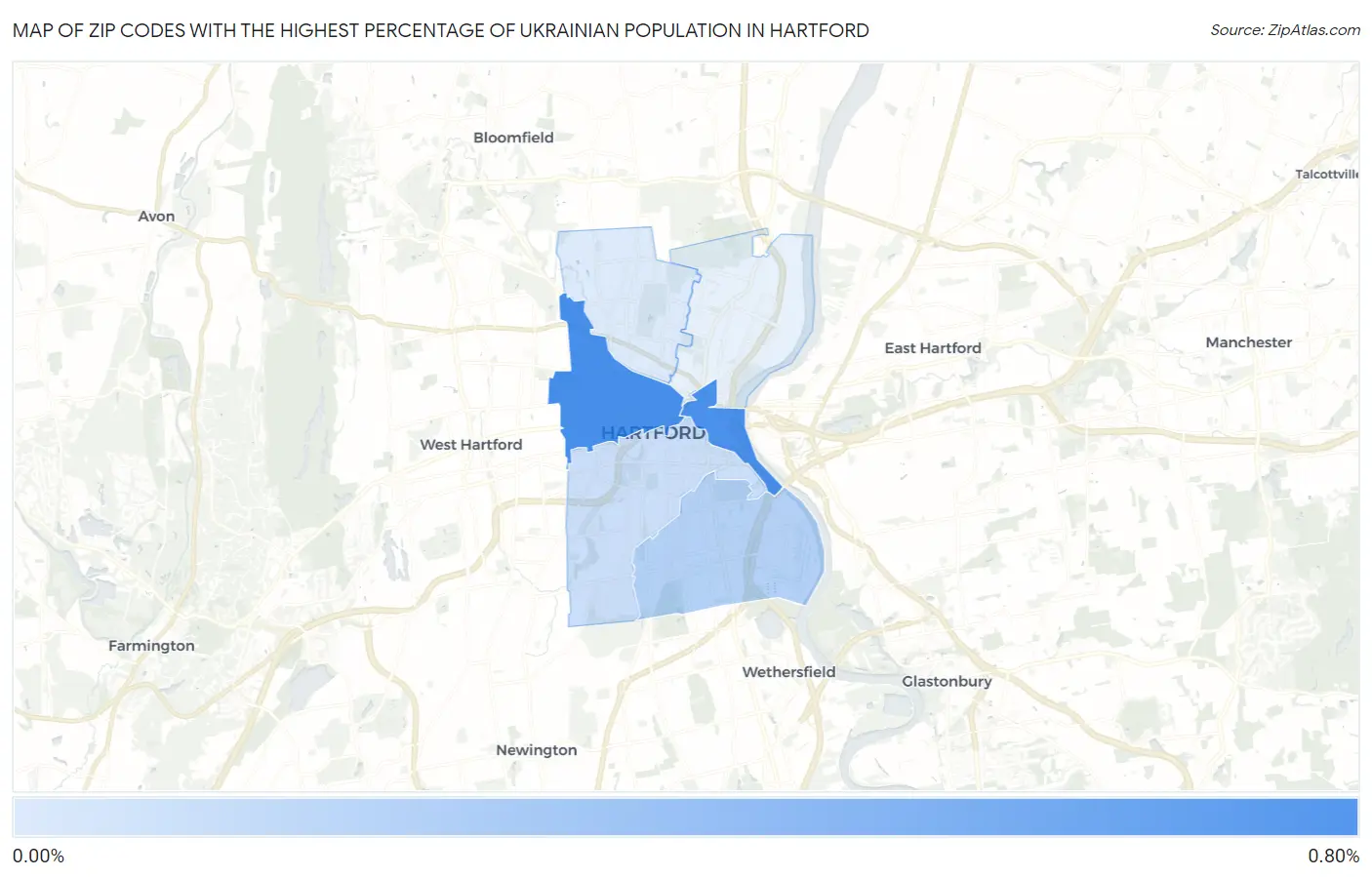 Zip Codes with the Highest Percentage of Ukrainian Population in Hartford Map