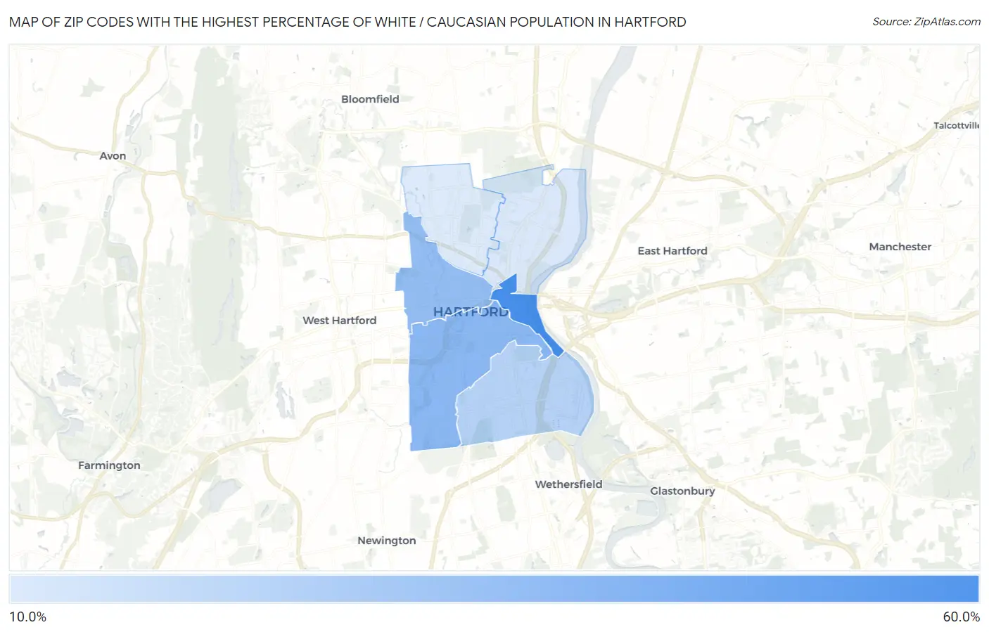 Zip Codes with the Highest Percentage of White / Caucasian Population in Hartford Map