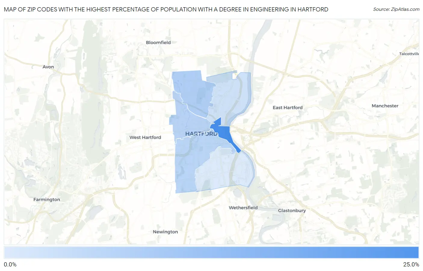 Zip Codes with the Highest Percentage of Population with a Degree in Engineering in Hartford Map