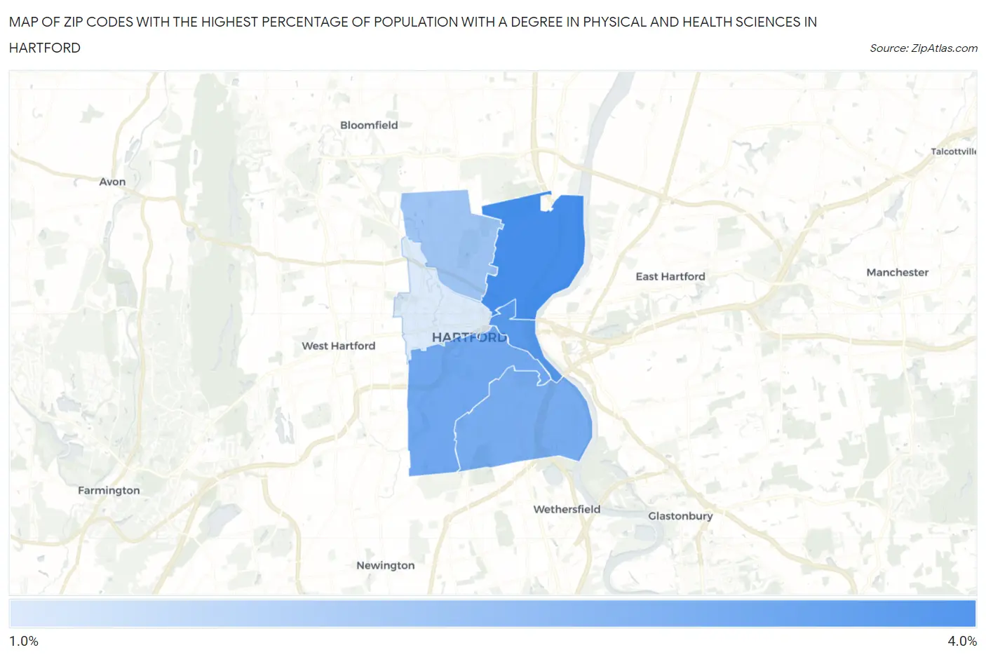Zip Codes with the Highest Percentage of Population with a Degree in Physical and Health Sciences in Hartford Map