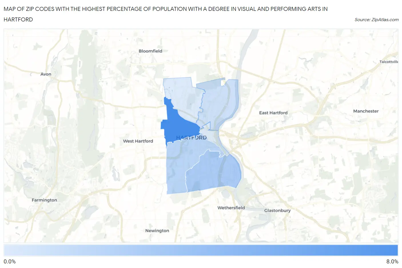 Zip Codes with the Highest Percentage of Population with a Degree in Visual and Performing Arts in Hartford Map