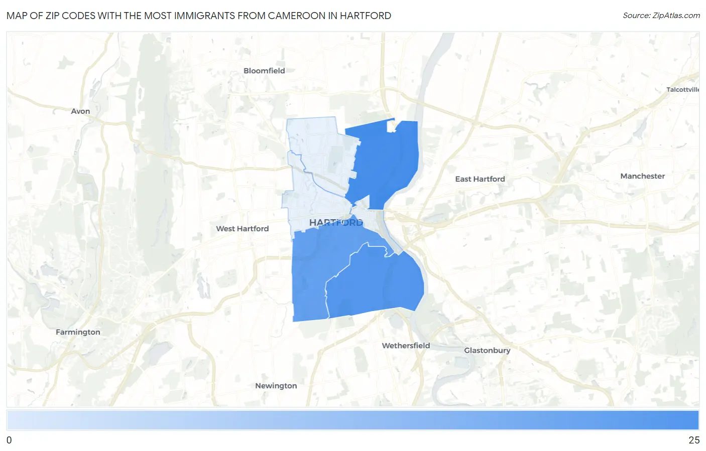 Zip Codes with the Most Immigrants from Cameroon in Hartford Map