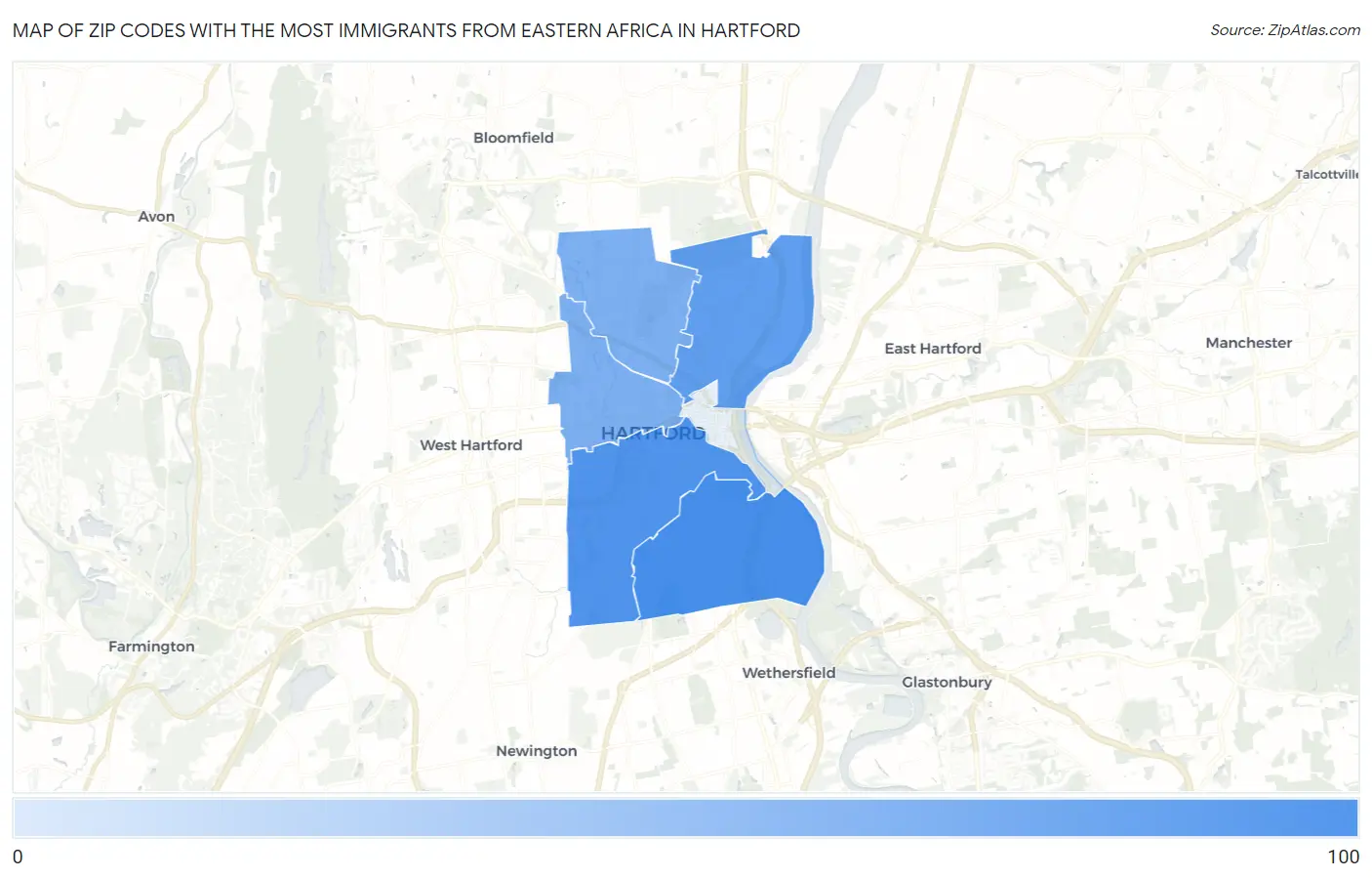 Zip Codes with the Most Immigrants from Eastern Africa in Hartford Map