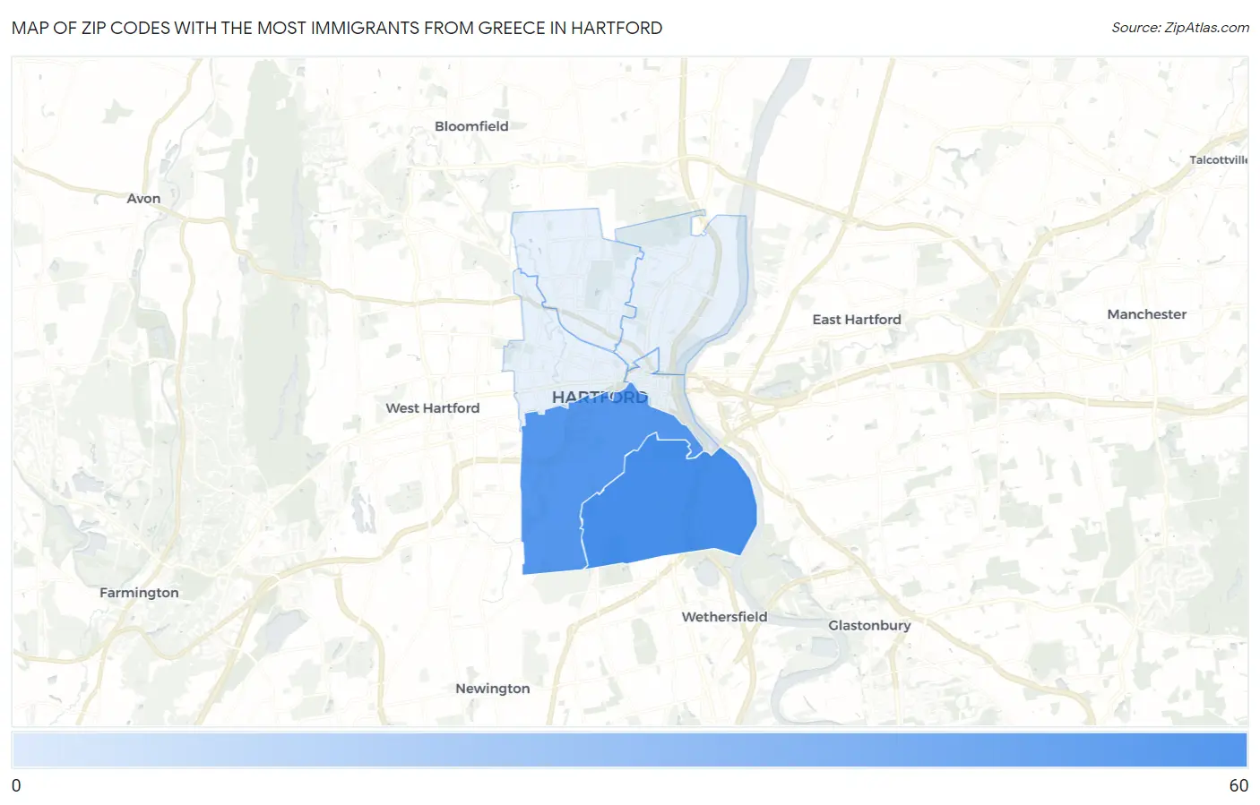 Zip Codes with the Most Immigrants from Greece in Hartford Map