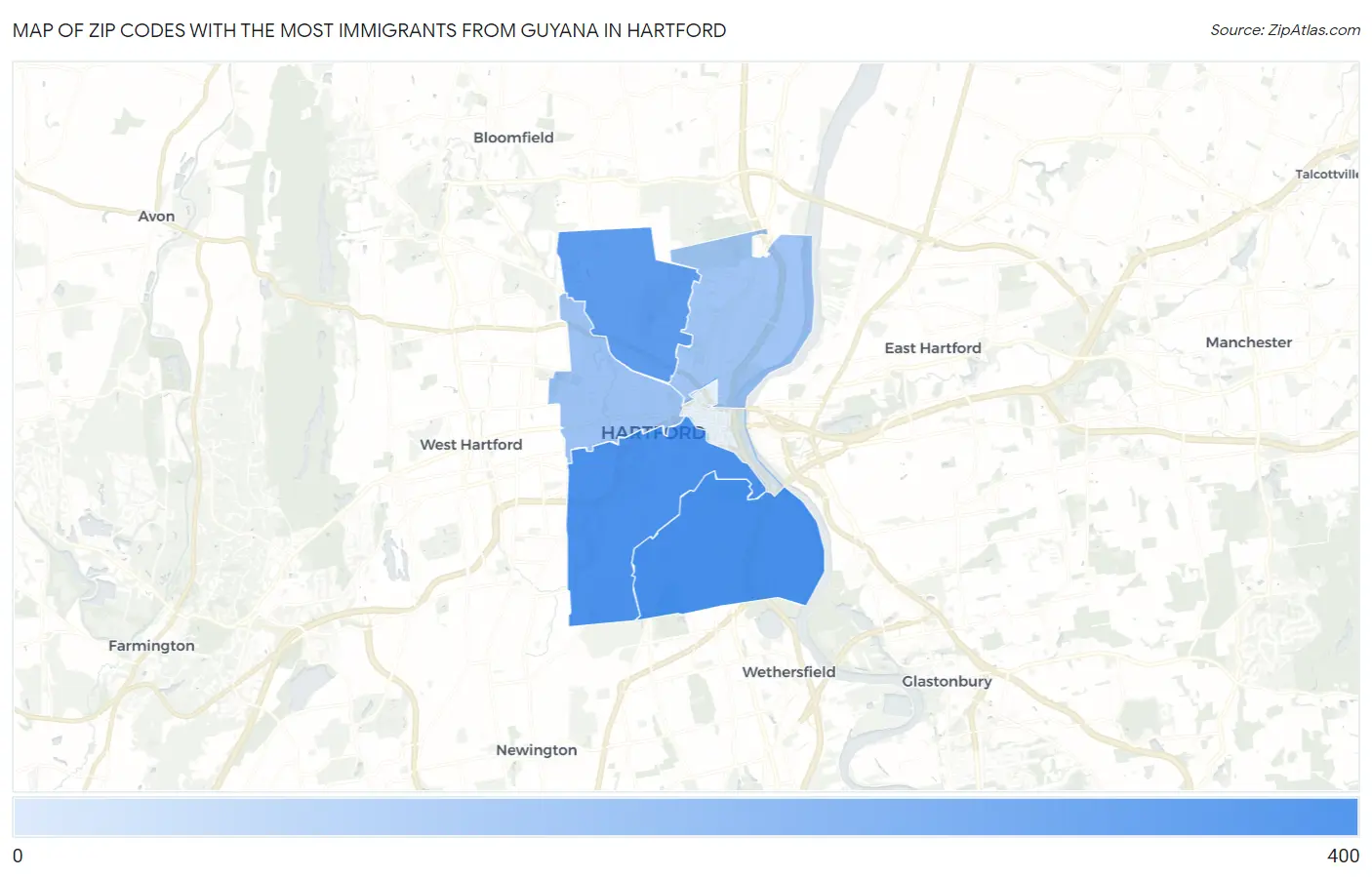 Zip Codes with the Most Immigrants from Guyana in Hartford Map