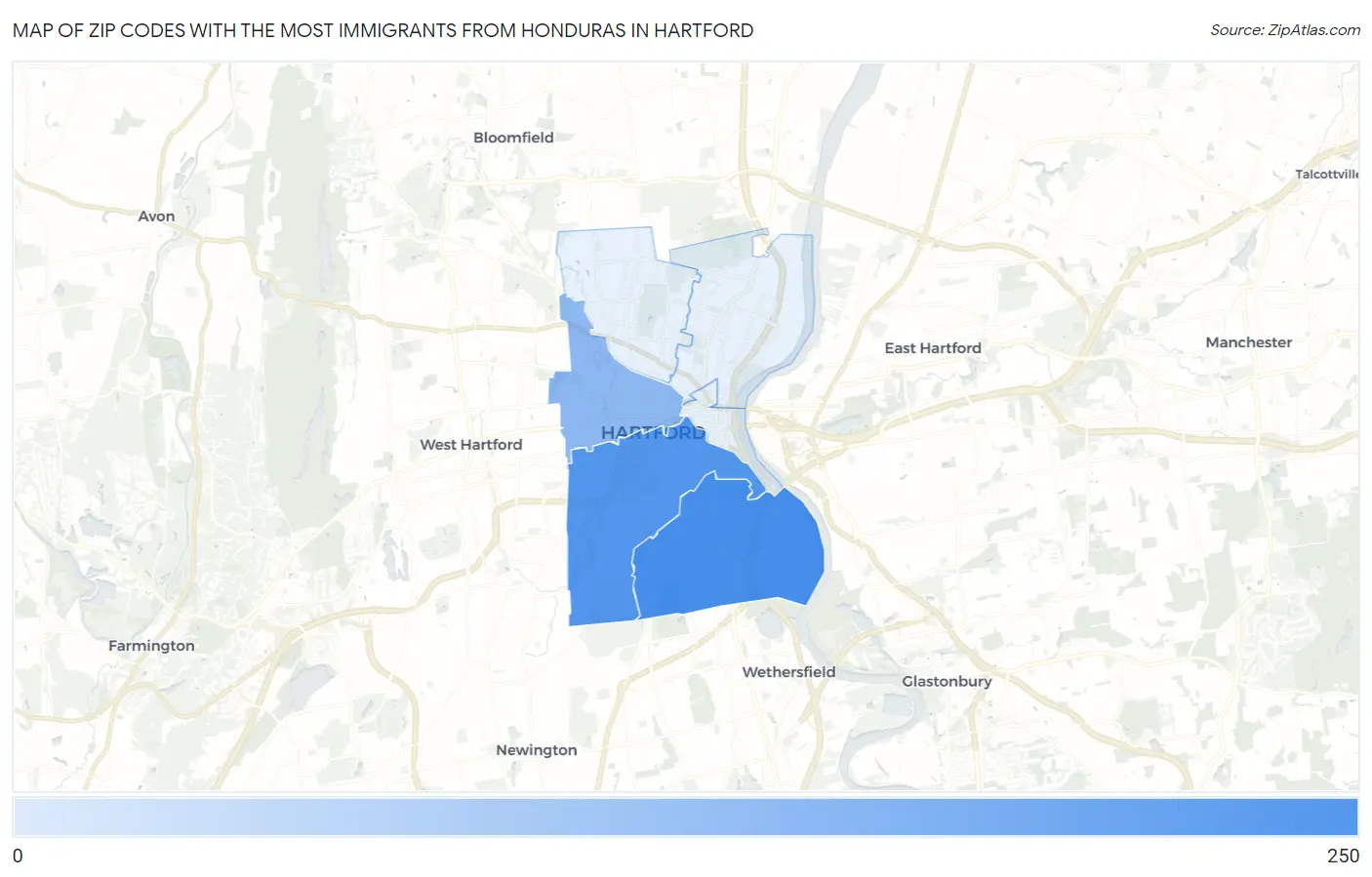Zip Codes with the Most Immigrants from Honduras in Hartford Map