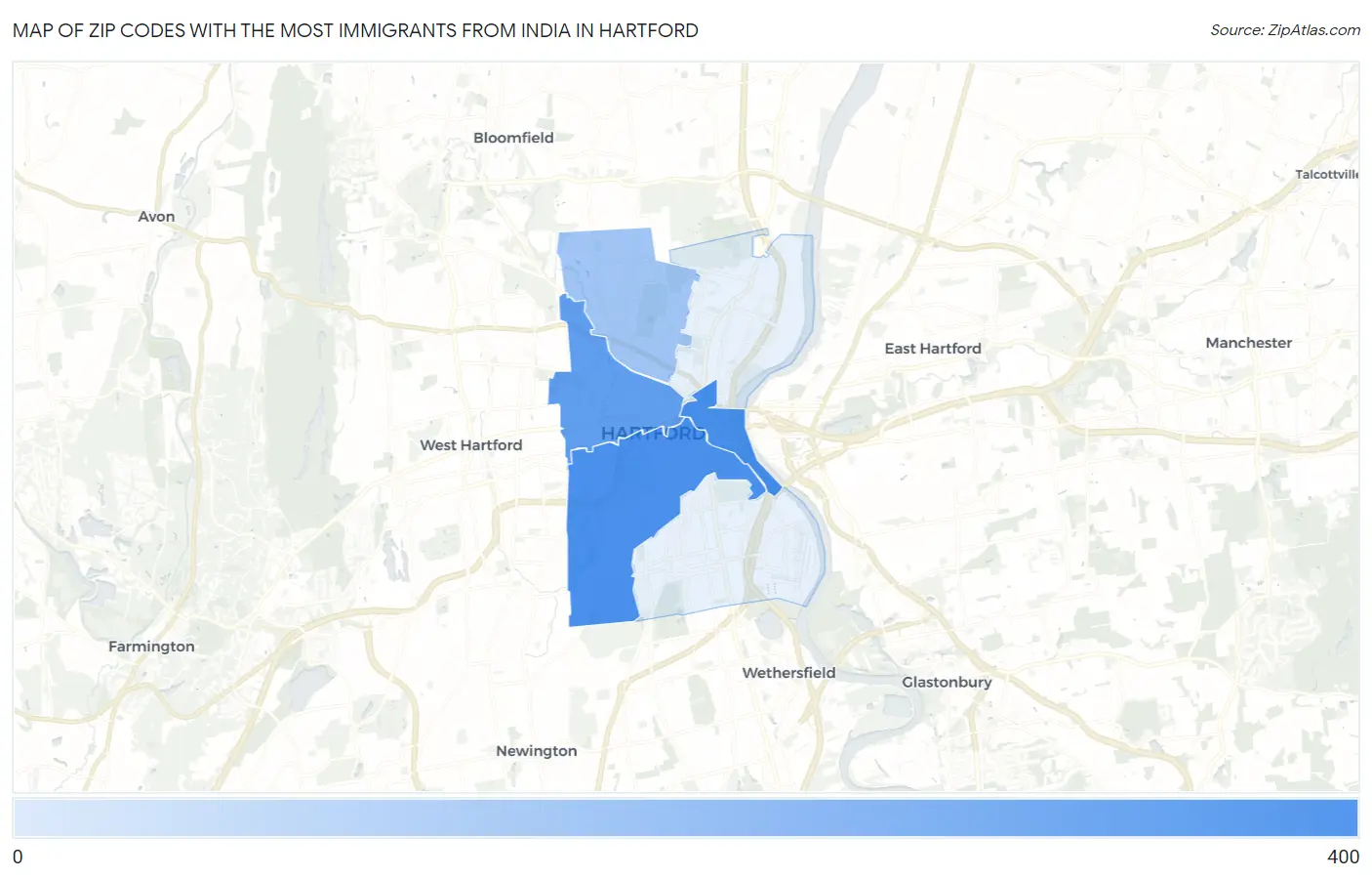 Zip Codes with the Most Immigrants from India in Hartford Map