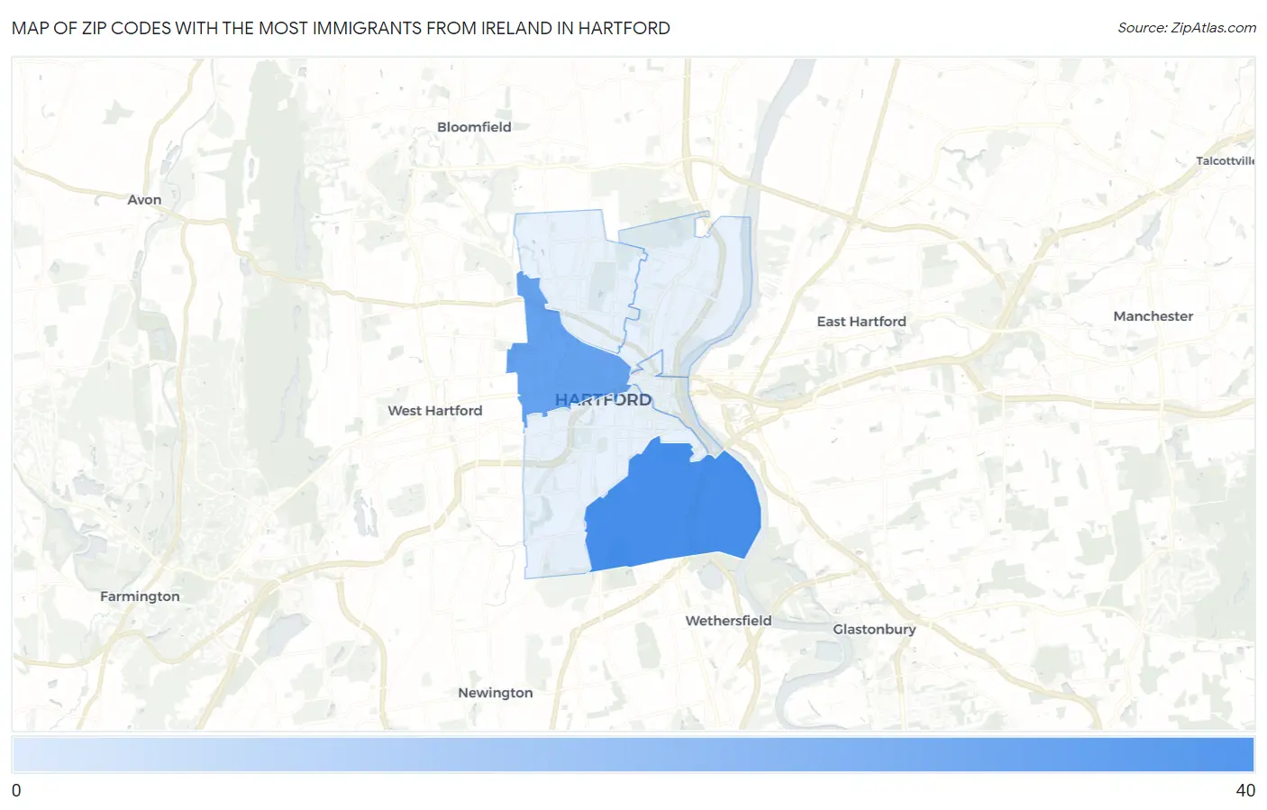 Zip Codes with the Most Immigrants from Ireland in Hartford Map