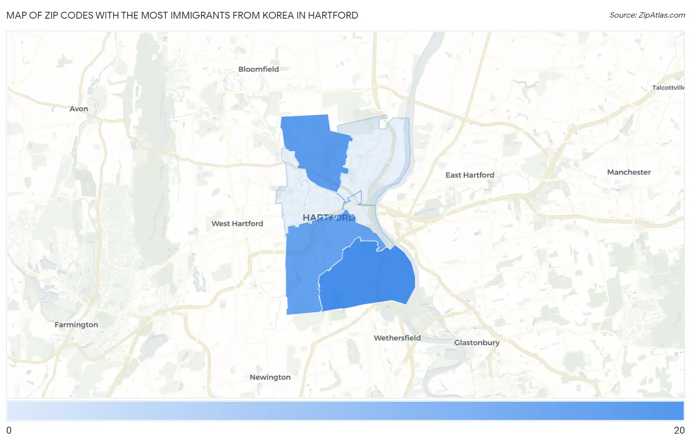 Zip Codes with the Most Immigrants from Korea in Hartford Map