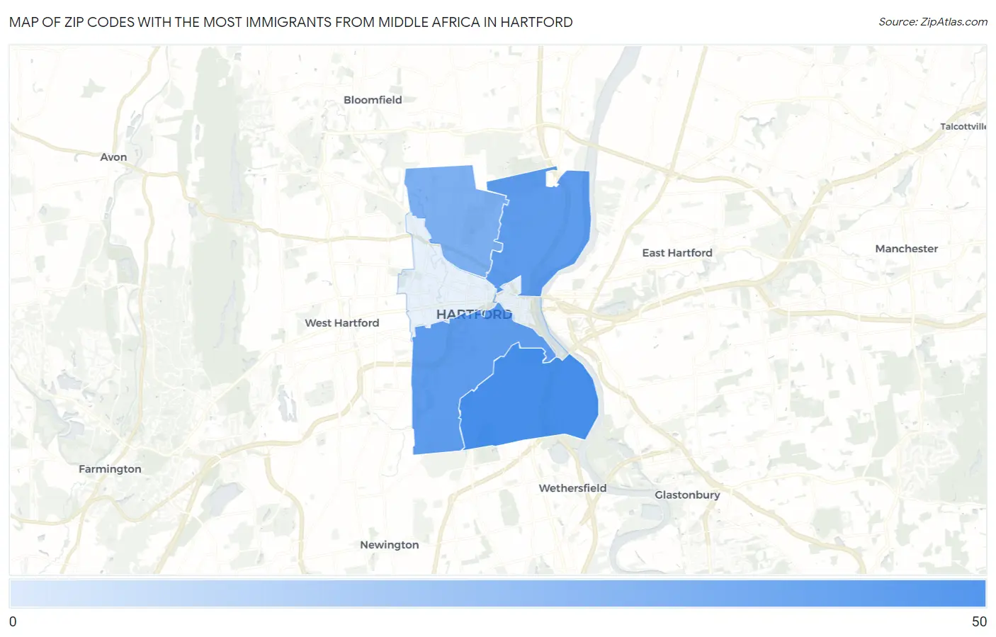 Zip Codes with the Most Immigrants from Middle Africa in Hartford Map