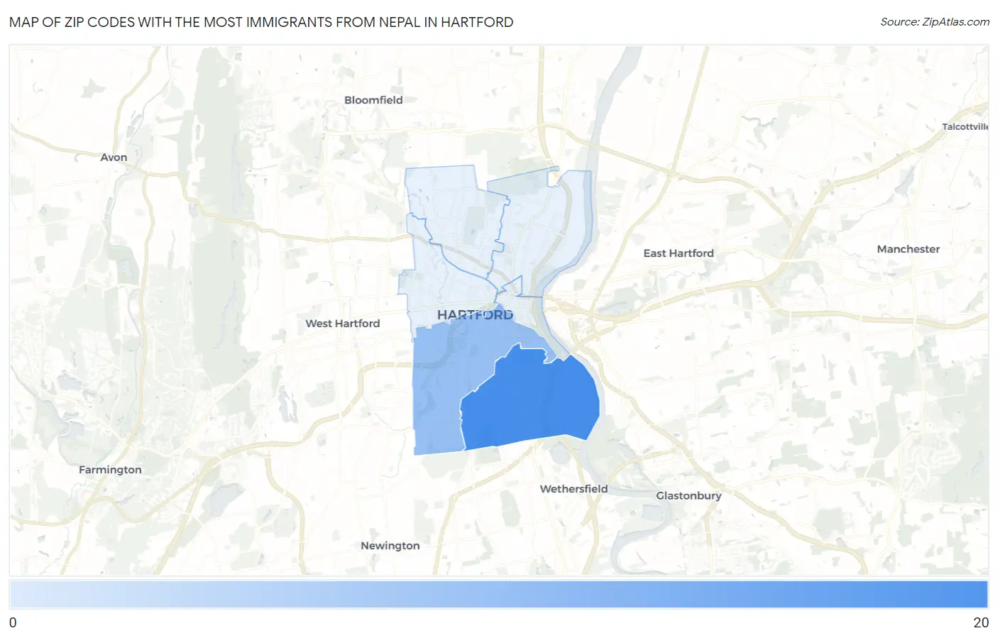 Zip Codes with the Most Immigrants from Nepal in Hartford Map