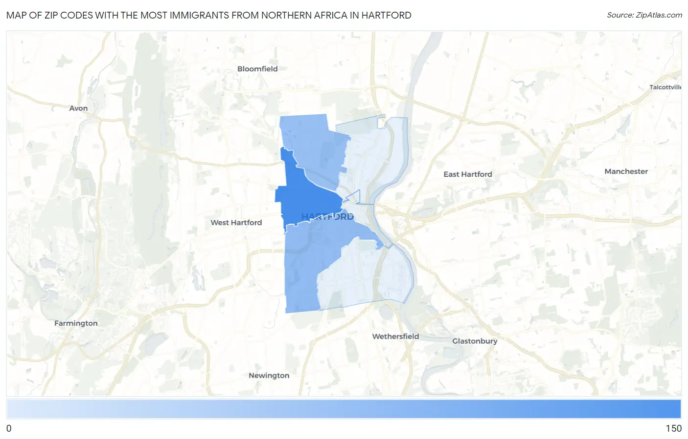 Zip Codes with the Most Immigrants from Northern Africa in Hartford Map